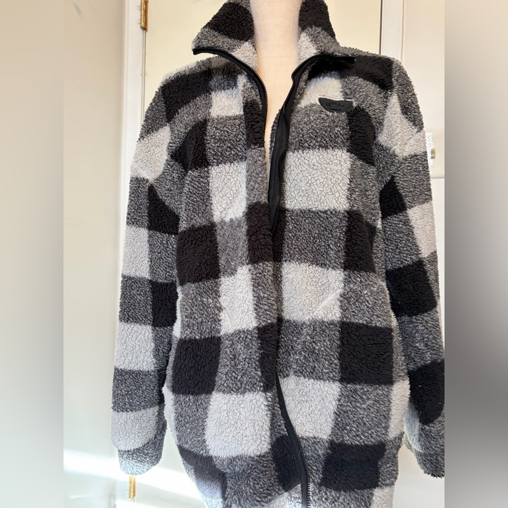 Cozy Black & Gray Buffalo Check Fleece Zip Jacket